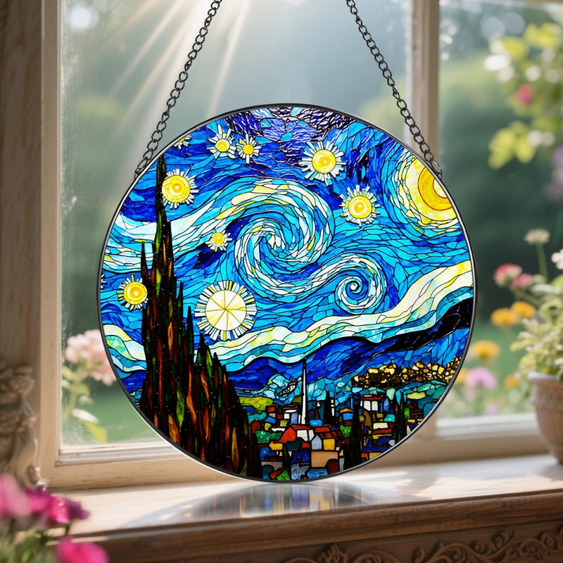 LAOWEIKI 8'' Van Gogh Starry Night Sun Catcher Ornament, Stained Glass Window Hanging, Sun Catchers for Windows Hanging Ornaments, Window Decor, Ideal Gift | Gifts for Art Lovers, Friends, Family - Image 5