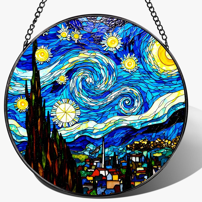 LAOWEIKI 8'' Van Gogh Starry Night Sun Catcher Ornament, Stained Glass Window Hanging, Sun Catchers for Windows Hanging Ornaments, Window Decor, Ideal Gift | Gifts for Art Lovers, Friends, Family - Image 1