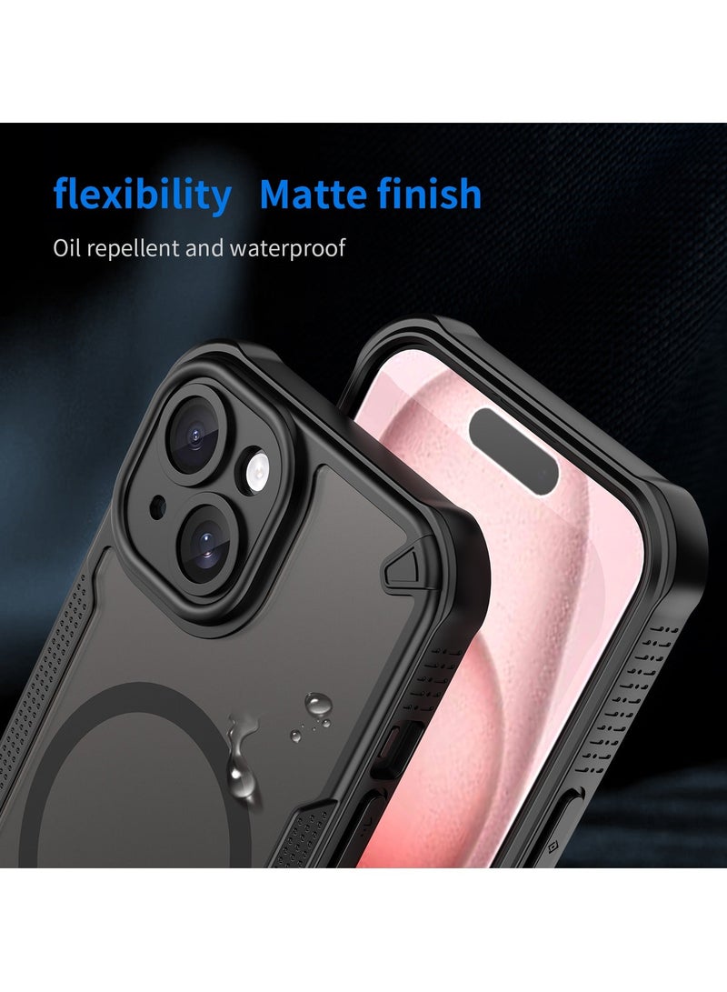 غطاء الحالة المغناطيسية لـ iPhone 15 5G ، درع من فرشاة مريحة الزيت مقاومة للماء TPU + PC ناعمة شبه شفافة ماتي شعور الهاتف الخلوي الوقائي الظهر الحالة لـ iPhone 15 5G ، أسود - Image 5