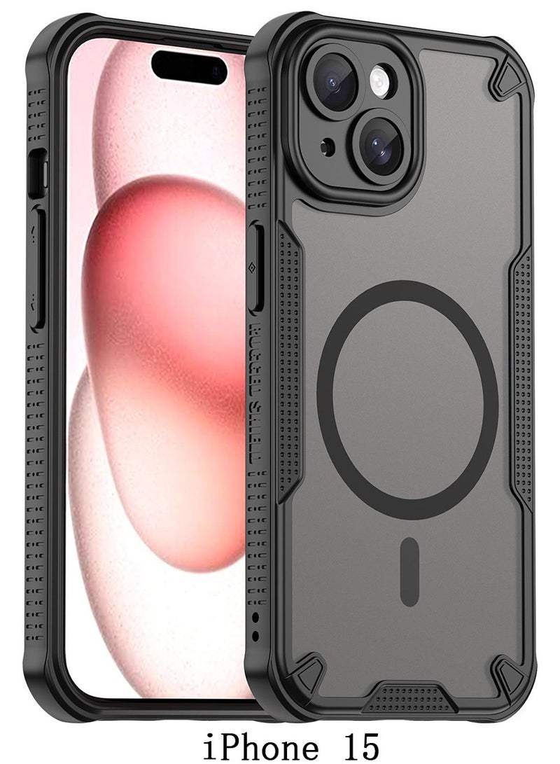 غطاء الحالة المغناطيسية لـ iPhone 15 5G ، درع من فرشاة مريحة الزيت مقاومة للماء TPU + PC ناعمة شبه شفافة ماتي شعور الهاتف الخلوي الوقائي الظهر الحالة لـ iPhone 15 5G ، أسود - Image 1