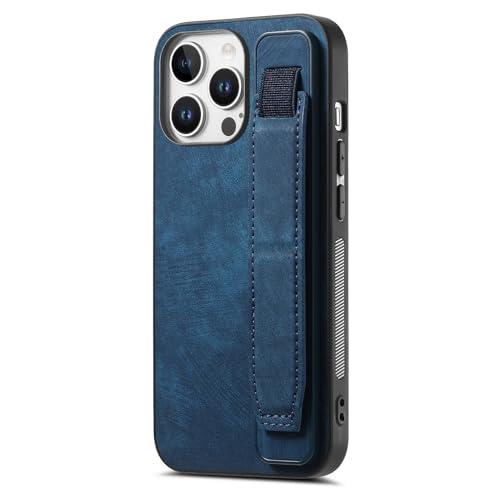 Omio Designed for iPhone 16 Pro Max Leather Case with Stand & Strap, Wrist Strap Leather Back Cover Hard PC Shockproof Finger Grip Case for Men Women Girls, Blue - Image 1