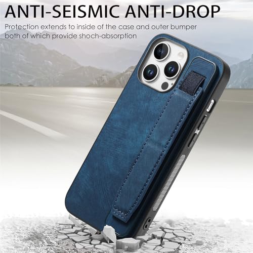 Omio Designed for iPhone 16 Pro Max Leather Case with Stand & Strap, Wrist Strap Leather Back Cover Hard PC Shockproof Finger Grip Case for Men Women Girls, Blue - Image 3