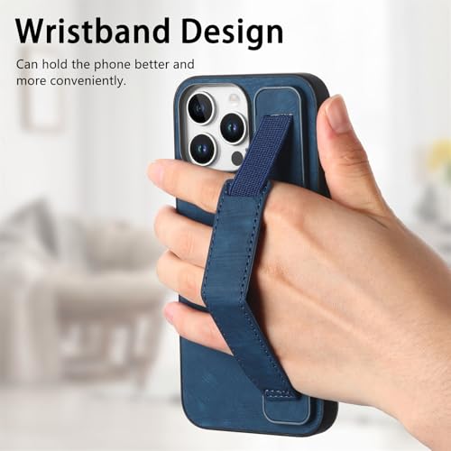 Omio Designed for iPhone 16 Pro Max Leather Case with Stand & Strap, Wrist Strap Leather Back Cover Hard PC Shockproof Finger Grip Case for Men Women Girls, Blue - Image 4