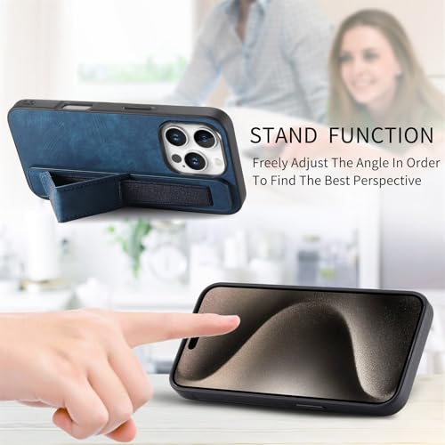Omio Designed for iPhone 16 Pro Max Leather Case with Stand & Strap, Wrist Strap Leather Back Cover Hard PC Shockproof Finger Grip Case for Men Women Girls, Blue - Image 5