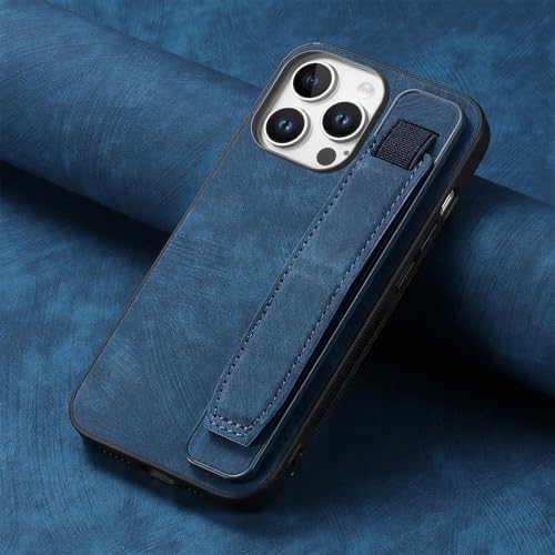 Omio Designed for iPhone 16 Pro Max Leather Case with Stand & Strap, Wrist Strap Leather Back Cover Hard PC Shockproof Finger Grip Case for Men Women Girls, Blue - Image 2