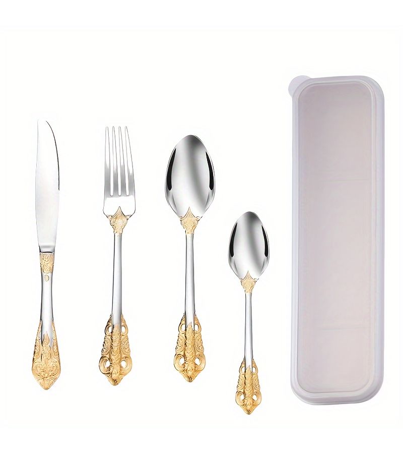 2024 Stainless Steel Gold Plated 5 Piece Cutlery Set With Plastic Box - Image 1