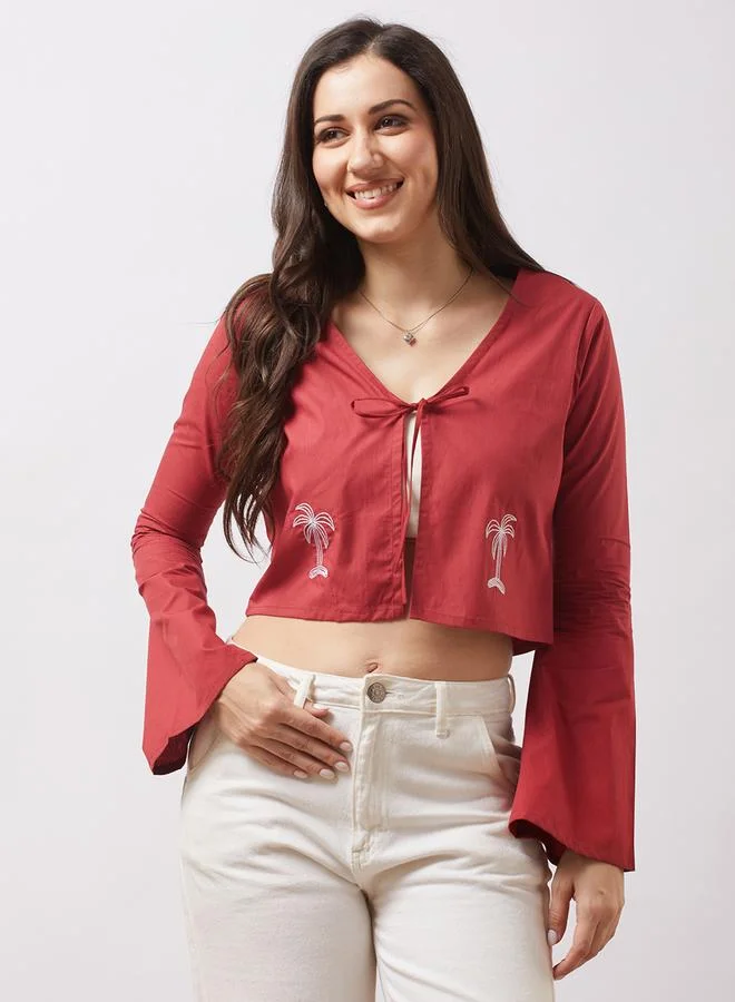 globus Women Brown Tie-Up Neck Embroidered Detail Crop Top