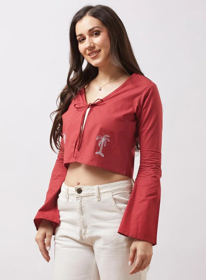 globus Women Brown Tie-Up Neck Embroidered Detail Crop Top