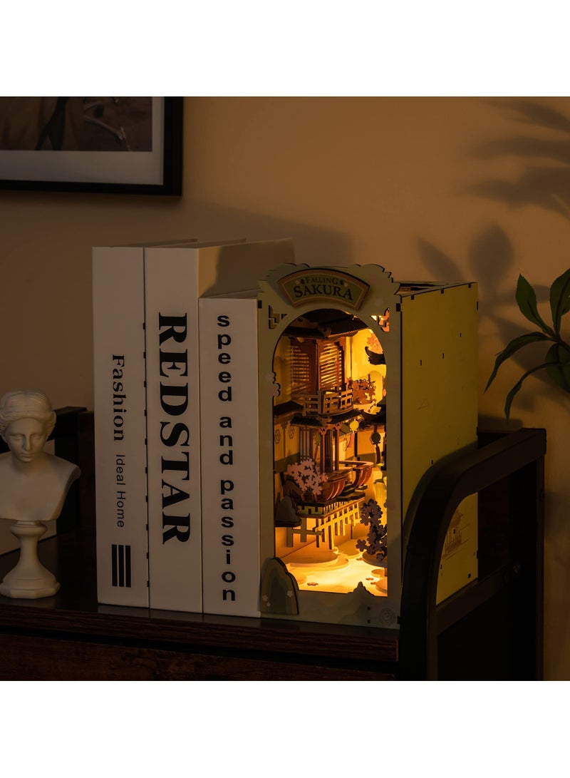 3D Miniature Dollhouse Puzzle Kit with LED Lights, Falling Sakura Design, Perfect for Bookshelf Decor and Ideal Gift for Women and Girls - Image 3