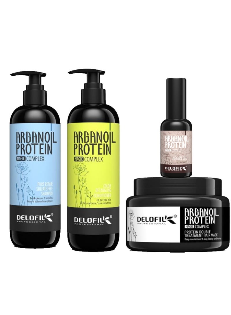 DELOFIL Argan Oil & Protein Hair Care Set - Magic Complex (Sulfate-Free Shampoo, Conditioner, Double Treatment Mask, Argan Oil Serum) - 4 Pieces - Image 1