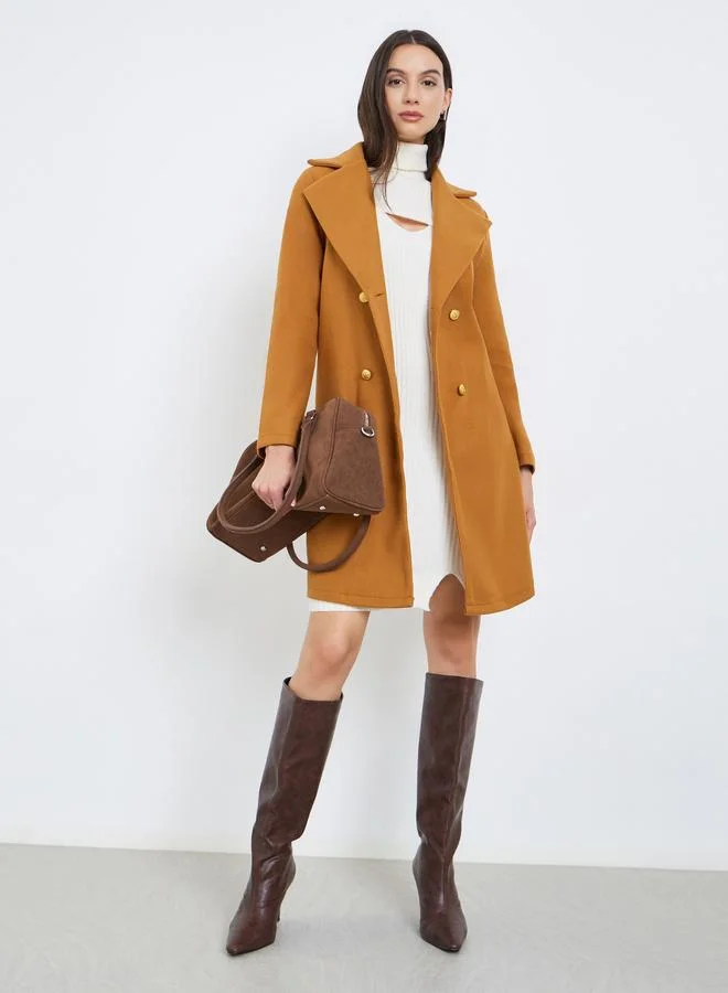 Take Two Solid Lapel Metal Buckle Detail Mid Length Coat