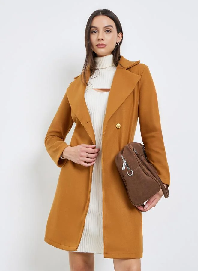 Take Two Solid Lapel Metal Buckle Detail Mid Length Coat