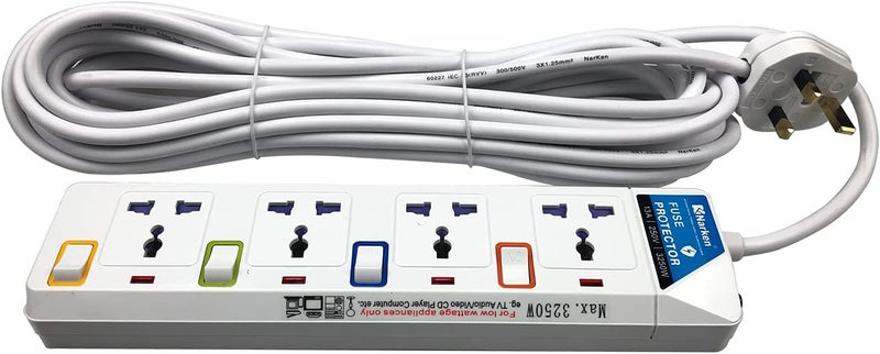 Narken E-Series Electric Universal Extension Cord 4 Socket 10 Meter Power Strip wire, 13A Fuse surge With Separate Single Switch and Indicate light, Max 13A, 3250W, AC 250V - Image 5