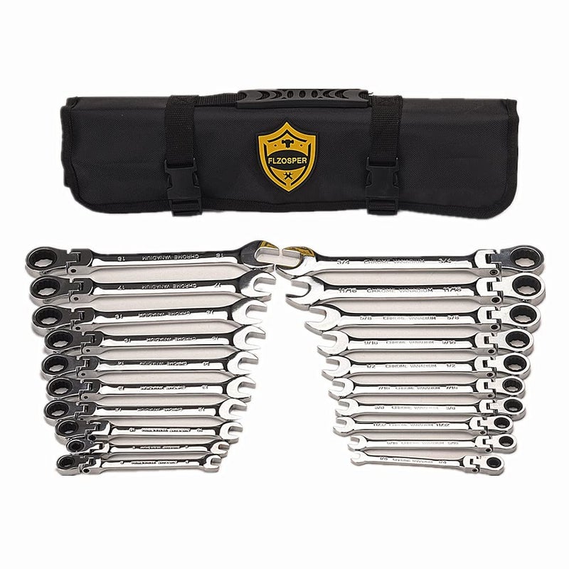 FLZOSPER 20pc FlexHead Ratcheting Wrench SetMetric SAE Chrome Vanadium Steel Combination Wrench Spanner with Portable Carrying Bag