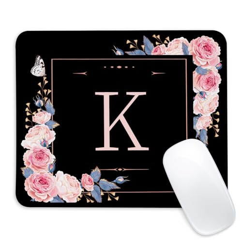 Adastrah Letter K Black and Pink Flowers Square Mouse Pad, Mouse Pad with Stitched Edge and Non-Slip Rubber Base,Mouse Mat,Home Office Decor Desk Accessories,9.4x7.8x0.12 inch Square Mouse Pad - Image 1