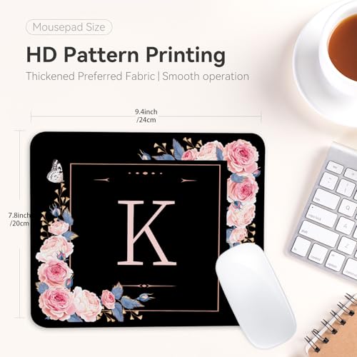 Adastrah Letter K Black and Pink Flowers Square Mouse Pad, Mouse Pad with Stitched Edge and Non-Slip Rubber Base,Mouse Mat,Home Office Decor Desk Accessories,9.4x7.8x0.12 inch Square Mouse Pad - Image 2