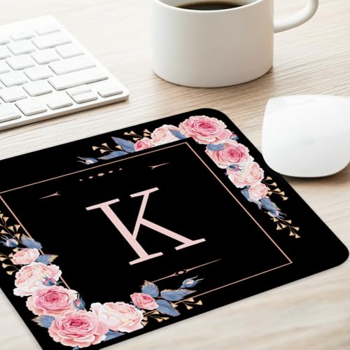Adastrah Letter K Black and Pink Flowers Square Mouse Pad, Mouse Pad with Stitched Edge and Non-Slip Rubber Base,Mouse Mat,Home Office Decor Desk Accessories,9.4x7.8x0.12 inch Square Mouse Pad - Image 4