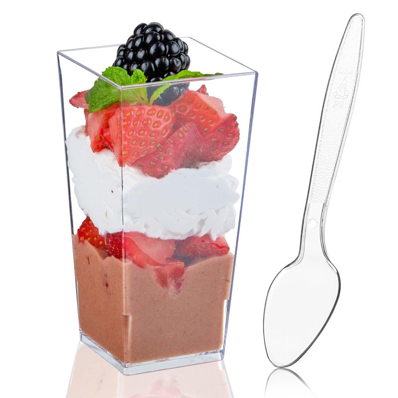 50Pack 3oz Mini Clear PP Dessert Cups with Spoons Mini Square Tall Tumbler Sample Cups for Individual Mousse Trifle Fruit Pudding