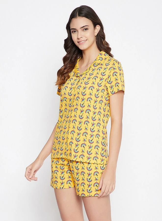 كلوفيا Clovia Unicorn Print Button Me Up Shirt & Shorts Set in Yellow - 100% Cotton
