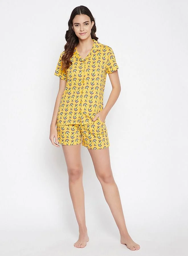 كلوفيا Clovia Unicorn Print Button Me Up Shirt & Shorts Set in Yellow - 100% Cotton