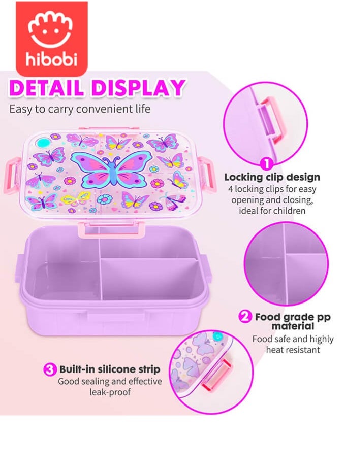hibobi Butterfly Lunch Box for Girls, Leakproof Kids Bento Box with 3 Compartments, BPA-Free, Easy Open Snack Container for School Lunches – Purple  - Image 3