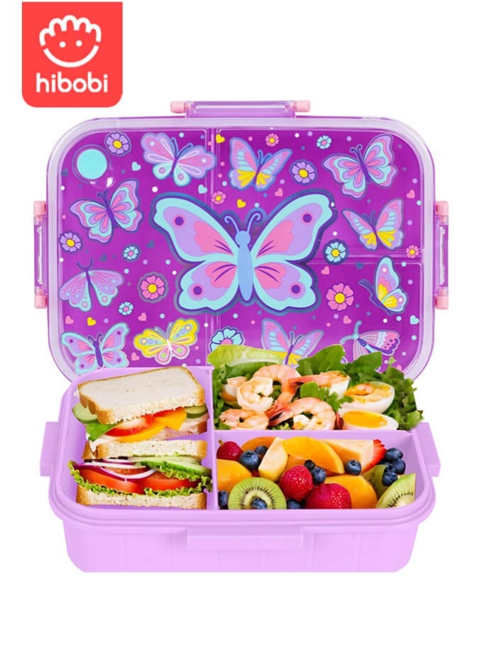 hibobi Butterfly Lunch Box for Girls, Leakproof Kids Bento Box with 3 Compartments, BPA-Free, Easy Open Snack Container for School Lunches – Purple  - Image 1