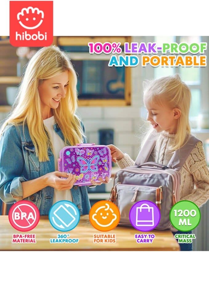 hibobi Butterfly Lunch Box for Girls, Leakproof Kids Bento Box with 3 Compartments, BPA-Free, Easy Open Snack Container for School Lunches – Purple  - Image 5