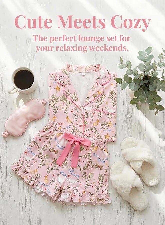 KevaMolly Womens Christmas Lounge Sets Candy Cane Print Pocketed Knotted PJ Set Short Sleeve Xmas Top and Shorts, Z Floral Light Pink, S - Image 5