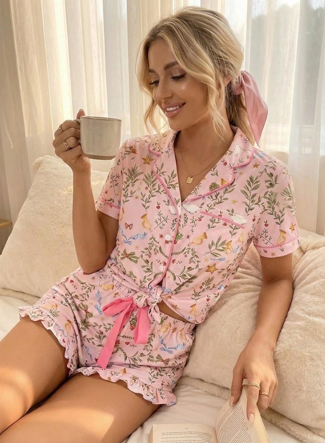 KevaMolly Womens Christmas Lounge Sets Candy Cane Print Pocketed Knotted PJ Set Short Sleeve Xmas Top and Shorts, Z Floral Light Pink, S - Image 2