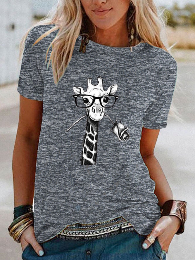wish flower giraffe pattern print contrast short sleeve t-shirt for women - Image 5