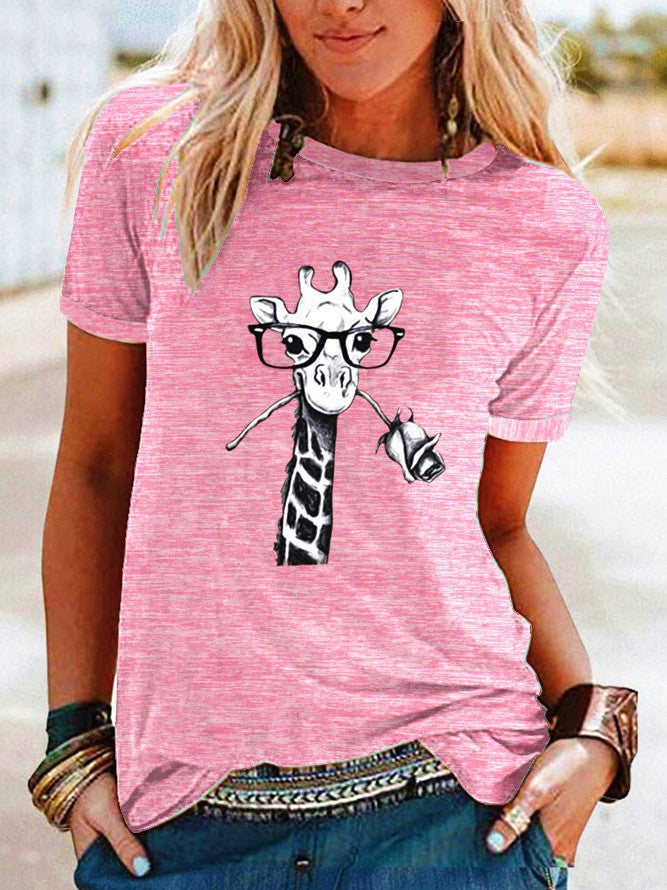 wish flower giraffe pattern print contrast short sleeve t-shirt for women - Image 1