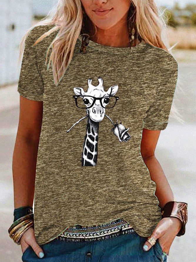 wish flower giraffe pattern print contrast short sleeve t-shirt for women - Image 3
