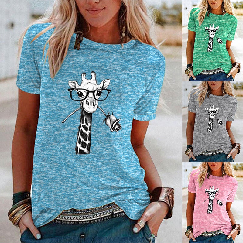 wish flower giraffe pattern print contrast short sleeve t-shirt for women - Image 2