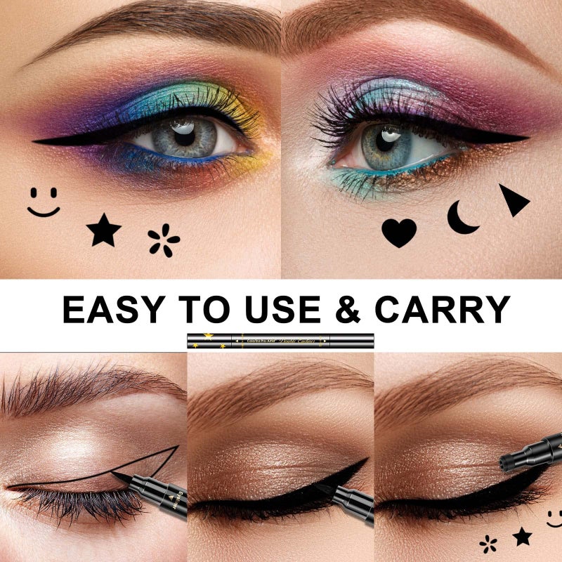 SUMEITANG 6 Pcs Double-headed Eyeliner Stamps Set Black Liquid Eye Liner Pen With Star,Moon,Heart,Flower,Smiley,Triangle Stamp Stencils Shapes for Women Makeup Kit Long-Lasting Waterproof Smudgeproof - Image 3