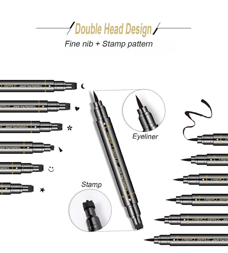 SUMEITANG 6 Pcs Double-headed Eyeliner Stamps Set Black Liquid Eye Liner Pen With Star,Moon,Heart,Flower,Smiley,Triangle Stamp Stencils Shapes for Women Makeup Kit Long-Lasting Waterproof Smudgeproof - Image 2