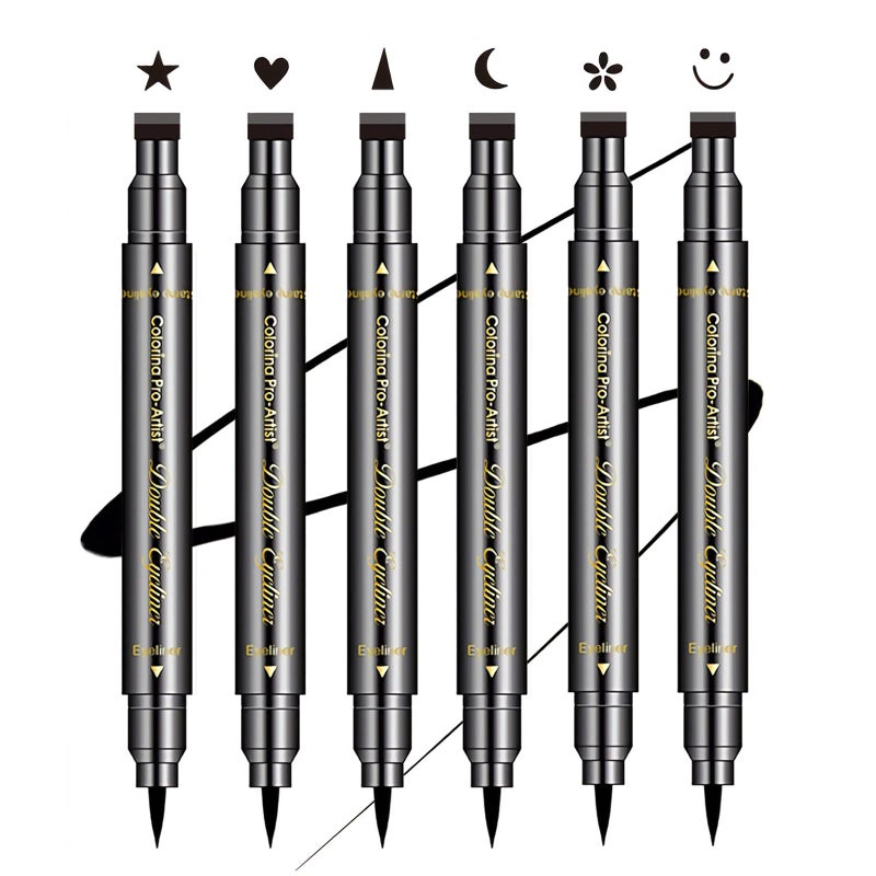 SUMEITANG 6 Pcs Double-headed Eyeliner Stamps Set Black Liquid Eye Liner Pen With Star,Moon,Heart,Flower,Smiley,Triangle Stamp Stencils Shapes for Women Makeup Kit Long-Lasting Waterproof Smudgeproof - Image 1