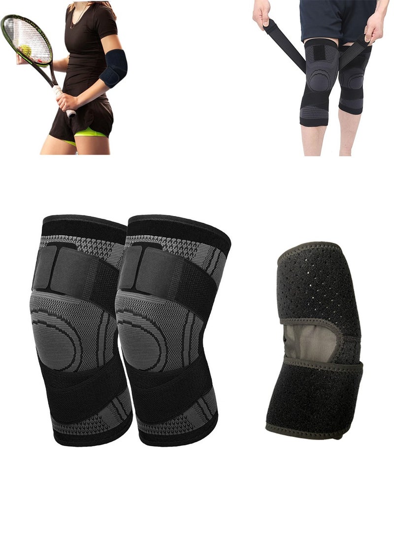 بكومور مجموعة دعامة الركبة والكوع 2 في 1 - زوج من أكمام الركبة الضاغطة القابلة للتعديل وحزام دعامة مرفق التنس - دعم لتخفيف الألم للرجال والنساء - الجري، صالة الألعاب الرياضية، كرة السلة، التنس - Image 1