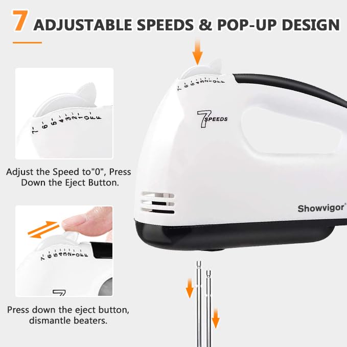 Showvigor Handmixer Electric Handheld - 7 Speed Portable Kitchen Mixer Electric with 5 Stainless Steel Accessories Whisk, Food Beater for Whipping Mixing Cookies Cakes Eggs Dough - Image 3