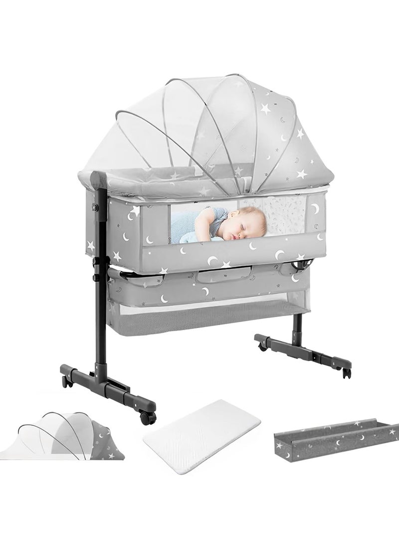 بوكولا سرير أطفال محمول 3 في 1، سرير أطفال شبكي قابل للتنفس مع ارتفاع قابل للتعديل مع سلة تخزين كبيرة، وشبكة ناموسية، ومرتبة ناعمة وعجلات دوارة، سرير سفر للأطفال حديثي الولادة من عمر 0 ​​إلى 3 سنوات - Image 1