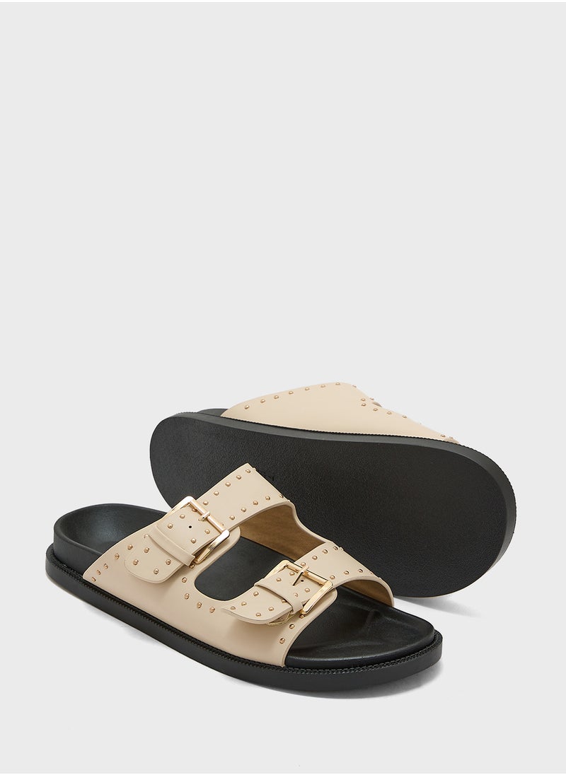 Truffle - Stud Detail Double Strap Flat Sandal - Image 1