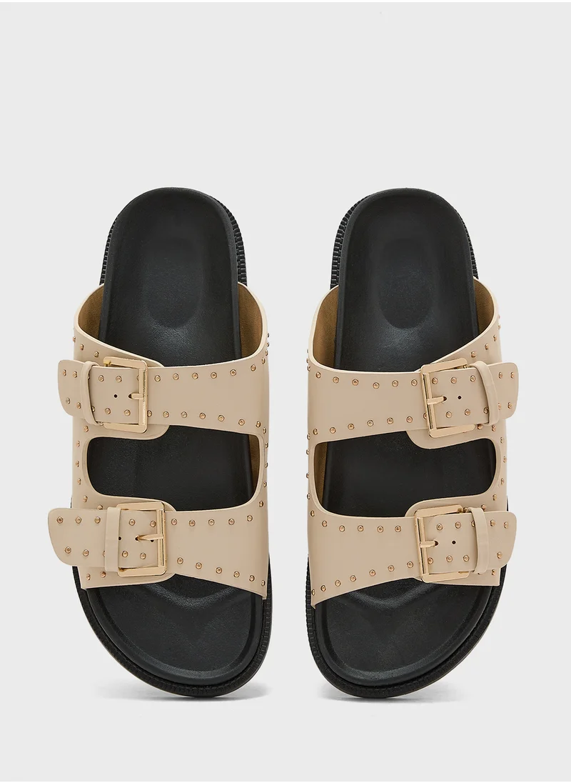 Truffle Stud Detail Double Strap Flat Sandal