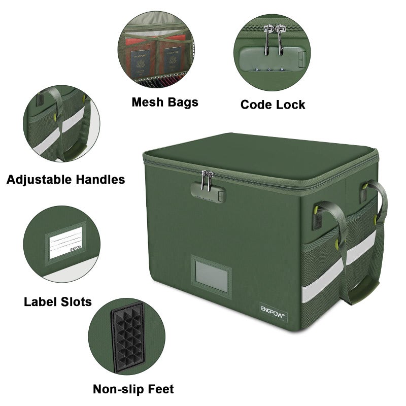 ENGPOW File Box with Lock, Fireproof Document Box with Zipper Lid,Collapsible File Storage Organizer Box Filing Box with Handle,Portable Home Office Safe Box for Hanging Letter/Legal Folder,Green - Image 4