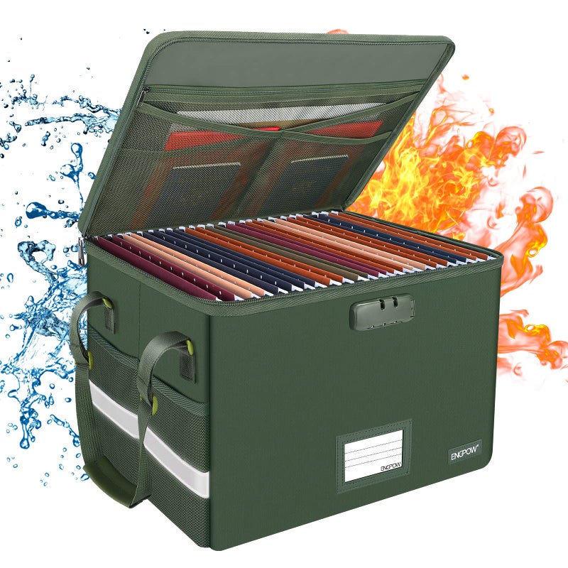 ENGPOW File Box with Lock, Fireproof Document Box with Zipper Lid,Collapsible File Storage Organizer Box Filing Box with Handle,Portable Home Office Safe Box for Hanging Letter/Legal Folder,Green - Image 1