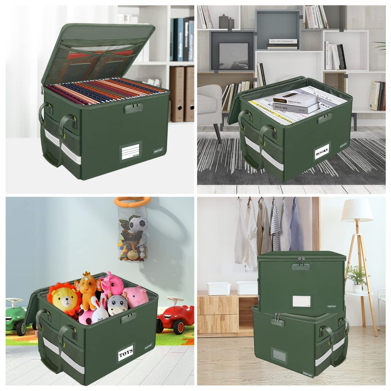 ENGPOW File Box with Lock, Fireproof Document Box with Zipper Lid,Collapsible File Storage Organizer Box Filing Box with Handle,Portable Home Office Safe Box for Hanging Letter/Legal Folder,Green - Image 2