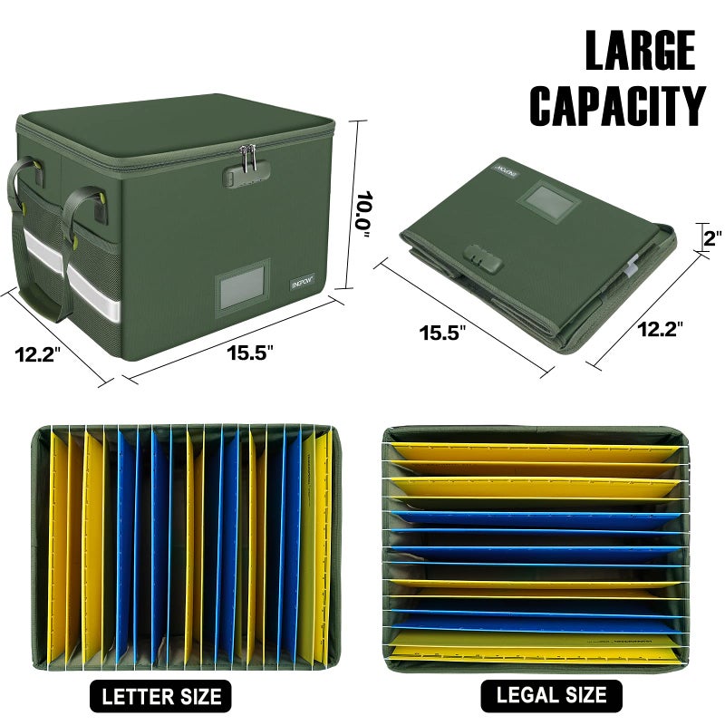 ENGPOW File Box with Lock, Fireproof Document Box with Zipper Lid,Collapsible File Storage Organizer Box Filing Box with Handle,Portable Home Office Safe Box for Hanging Letter/Legal Folder,Green - Image 5