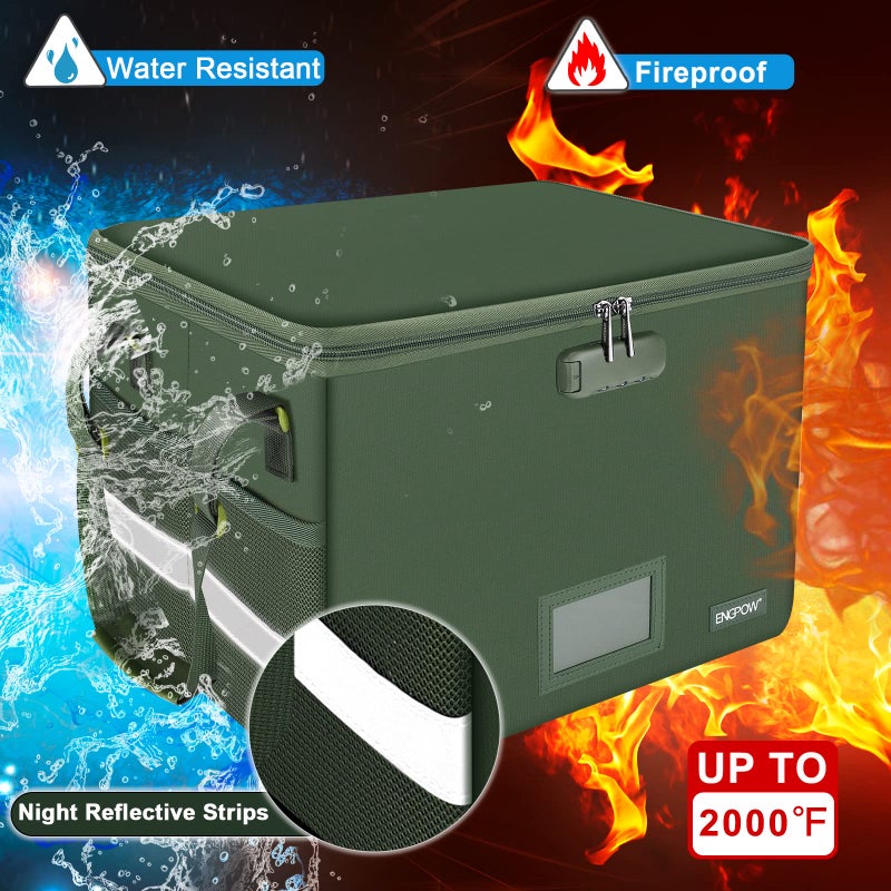 ENGPOW File Box with Lock, Fireproof Document Box with Zipper Lid,Collapsible File Storage Organizer Box Filing Box with Handle,Portable Home Office Safe Box for Hanging Letter/Legal Folder,Green - Image 3