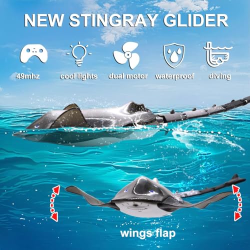 LAFALA Pool Toys Remote Control Stingray Diving into Water High Simulation Robot Manta ray Lights Rechargeable Battery Remote Control Bathtub Summer Pool Toys Great Gift RC Boat for 812 Year Kids Black - Image 5