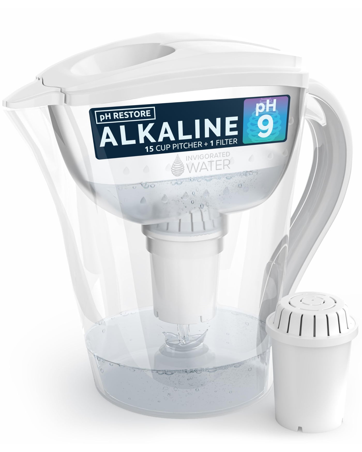 Invigorated Water Filter Pitcher with 1 Alkaline Filter BPAFree High pH Purifier 14Cup Capacity with SmartLight Filter Change Indicator 96 Gallon Long Filter Life