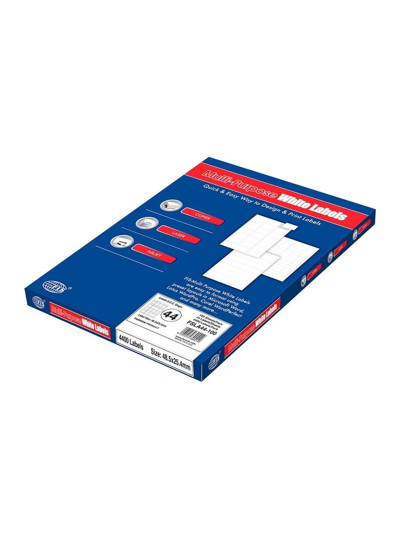 FIS - FIS Multipurpose Laser Labels, Colour White, Size 48.5X25.4MM (44 Stickers x 100 Sheet) A4 Size, E.U. Origin Material - FSLA44-100 - Image 1