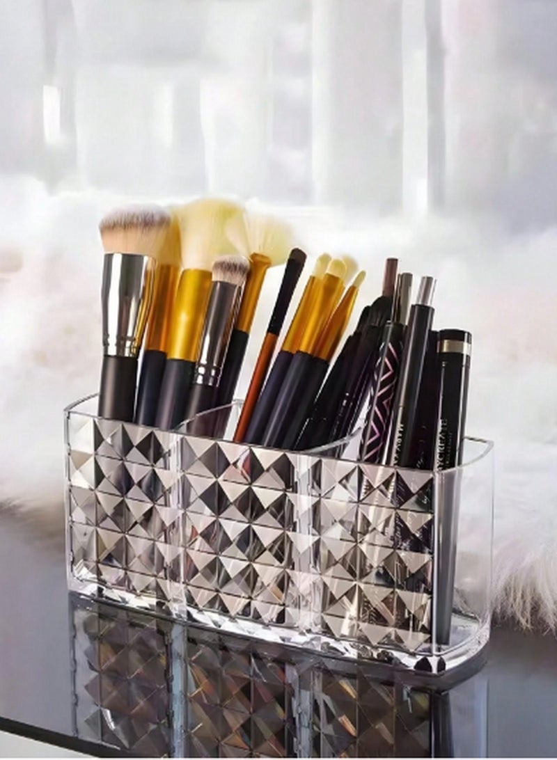 Generic Elegant Diamond-Pattern Makeup Brush Holder with Multi-Use Cosmetic Brushes - Clear Organizer  - Image 2